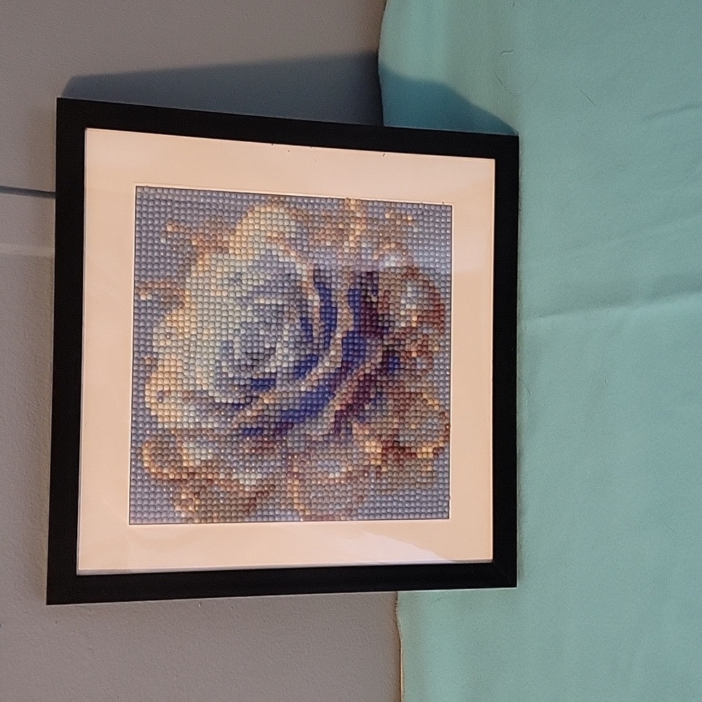 🆕️ Handmade Blue and Gold Rose Diamond Art with black frame 8x8